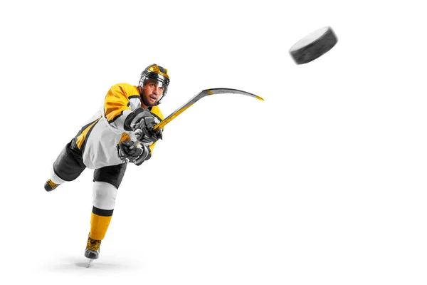 Hockey Kick Hockey Player Helmet Gloves White Background Sports Emotions — Stock Photo, Image