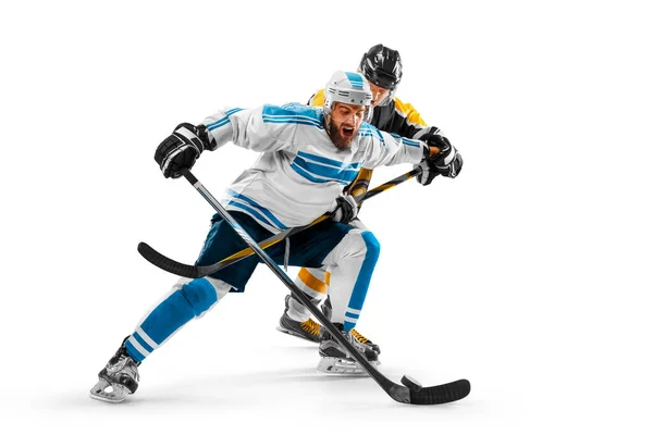 Two Professional Hockey Players Ice Fight Puck Sports Emotions Isolated — Stock Photo, Image