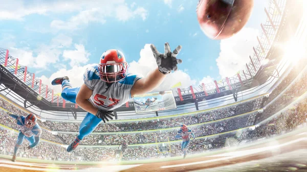 Sportman Actie American Football Speler Vangt Bal Vliegt Lucht Touchdown — Stockfoto