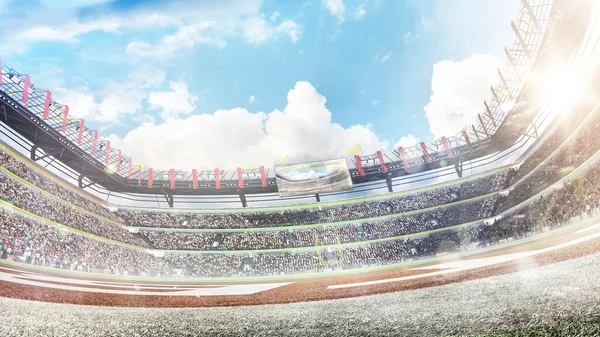 Stadyum 3D. Gündüz vakti profesyonel Amerikan futbol sahası. Yeşil çimenleri ve ışık ışınları olan stadyum. Taraftarlarla dolu büyük bir stadyum. Güneş ışığı. Spor.