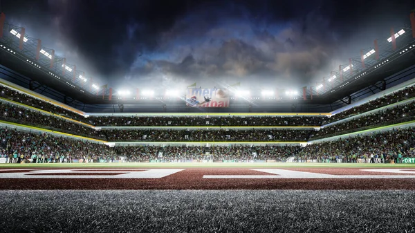 Futbol stadyumu. Gece Amerikan futbol stadyumu. Stadyum spot ışıklarıyla aydınlatılır. Bayraklı hayranlarla dolu. Alt manzara. 3d