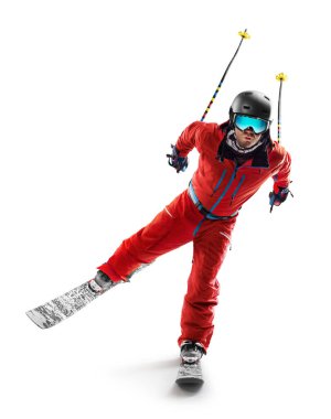 Skiingman in action. Sportsman in a red ski suit. Driving at high speed. Sport emotion. Isolated. Sport