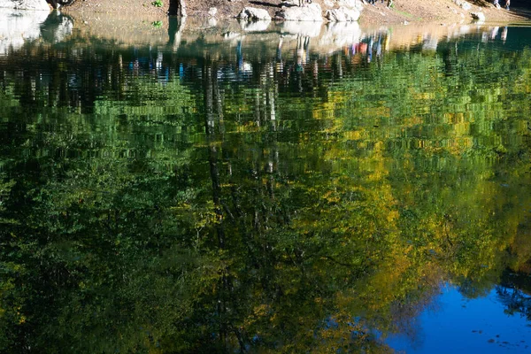 五彩缤纷的树木和秋天湖中树木的倒影 — 图库照片