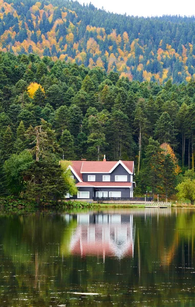 Green Trees Surrounding Lake Autumn Lake House Its Reflection Lake — Stock Photo, Image