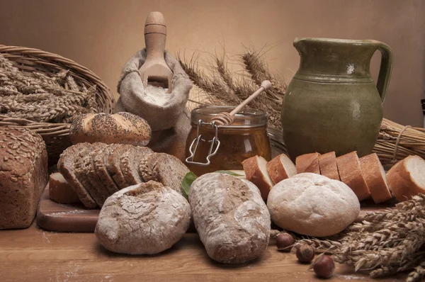 Country theme, baking goods with brown background — Stock Photo, Image