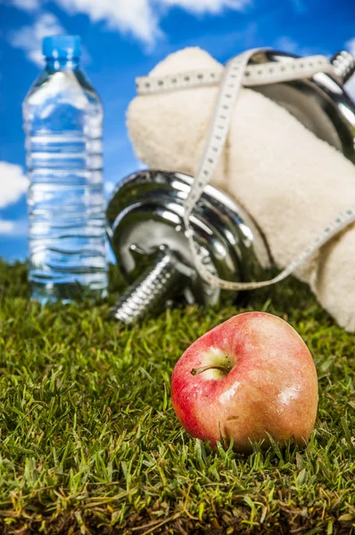 Färgglada tema med fitness grejer — Stockfoto