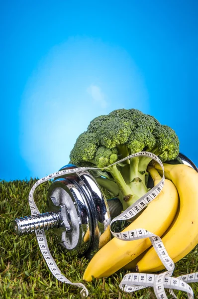 Composición de salud y estado físico, frutas y verduras — Foto de Stock