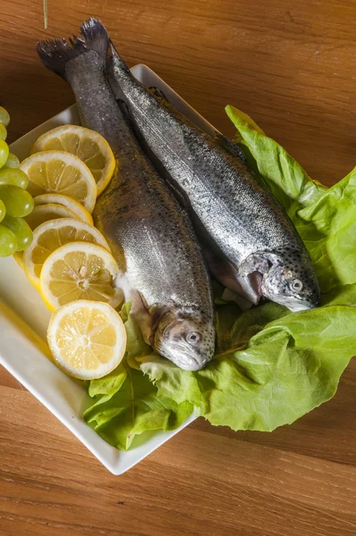 Raw fish on light background, mediterranean composition — Stock Photo, Image