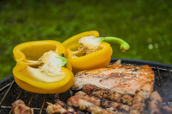 Grillad mat tillagad i trädgården — Stockfoto