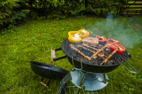 Fogo e tema de grelhar com comida grelhada — Fotografia de Stock