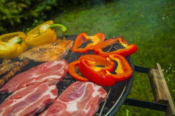 Comida a la parrilla preparada en jardín —  Fotos de Stock