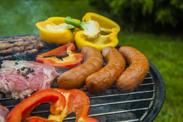 Gorący grilla mięso i warzywa na zielonym tle — Zdjęcie stockowe