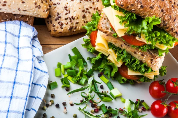 Colorido concepto de desayuno con sándwich natural —  Fotos de Stock