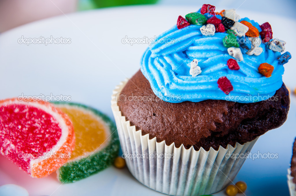 Home baked sweets on the bright, blue background