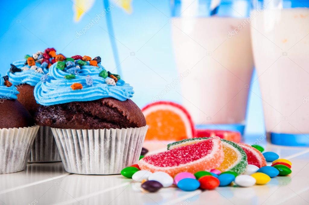 Colorful sweets, candy theme with muffins