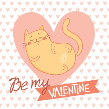 Sevgililer günü kartı ile bir kalp içinde uyuyan kedi