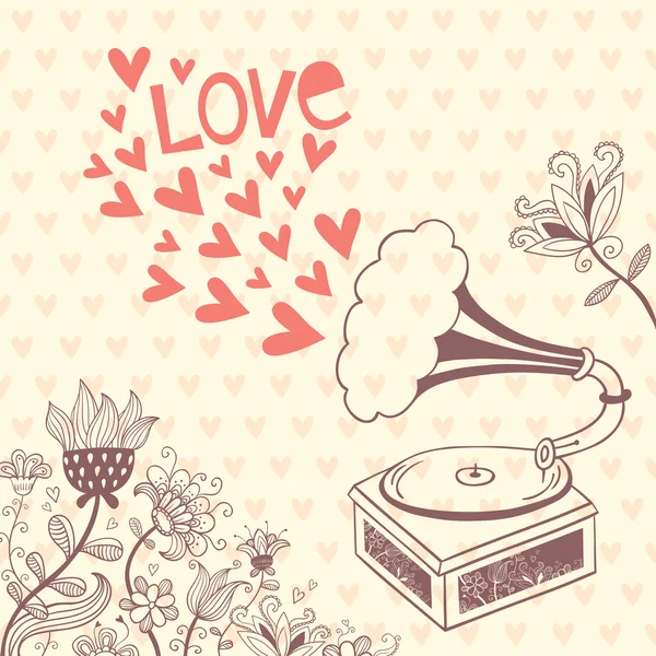Fond vectoriel vintage avec gramophone. Carte Saint-Valentin — Image vectorielle