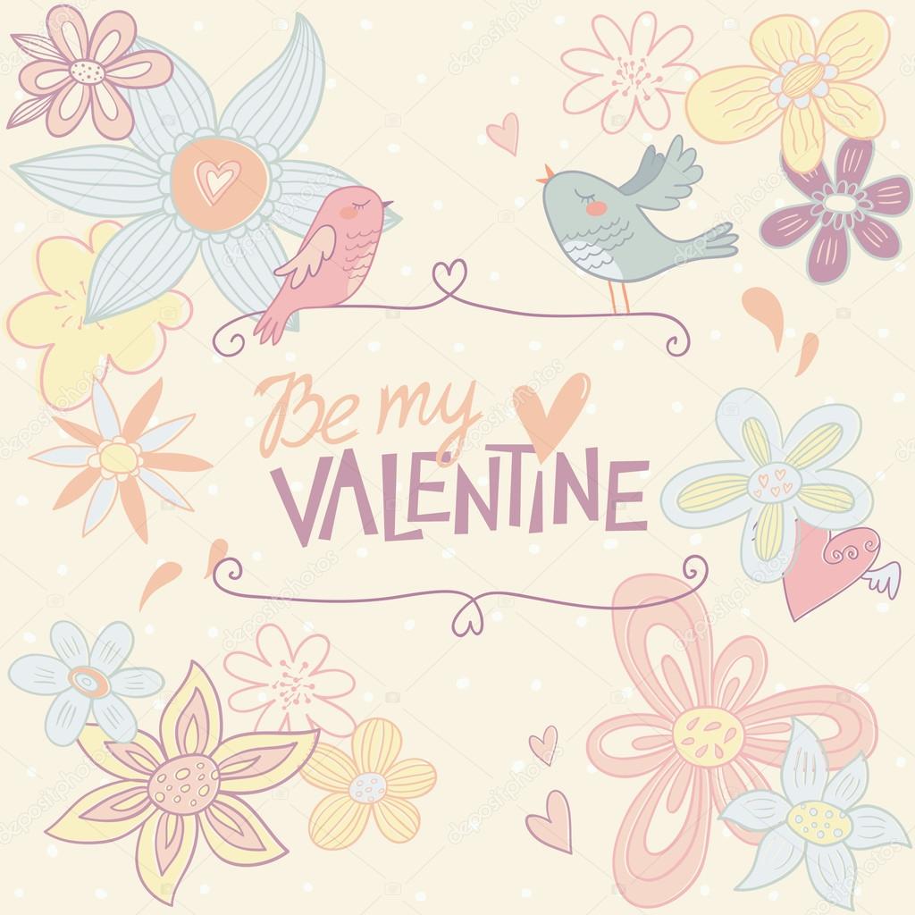 Valentine's day card design with cute birds and floral backgroun