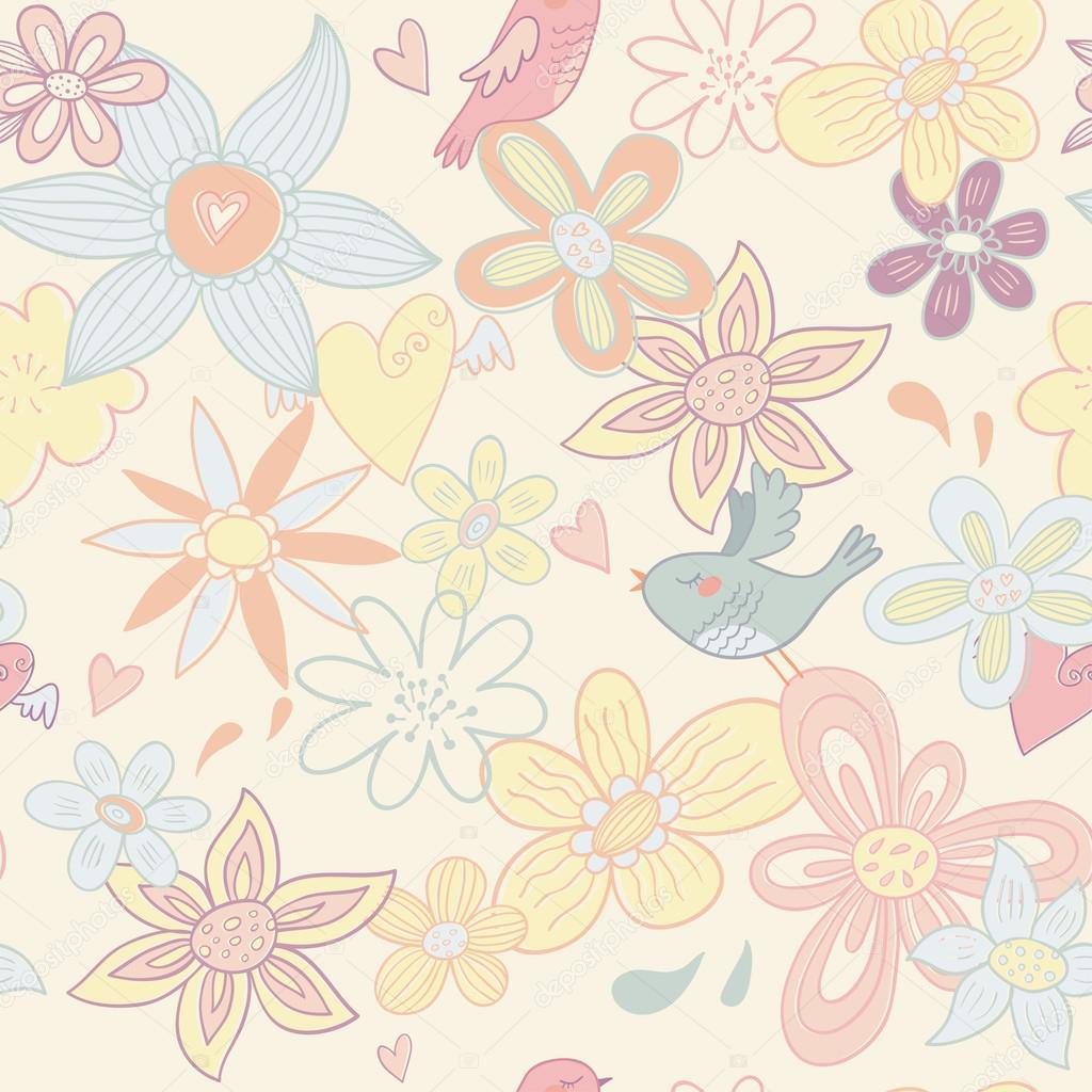 Vector floral seamless pattern with birds