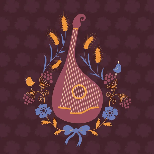 Elemento de diseño floral con instrumento musical kobza — Vector de stock