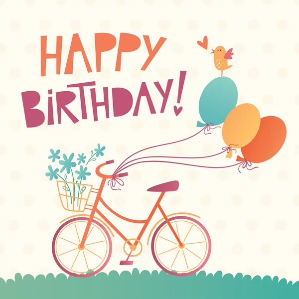 자전거와 함께 행복 한 생일 벡터 카드 — 스톡 벡터