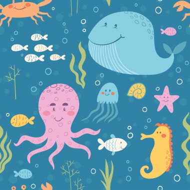 deniz hayvanları vektör seamless modeli