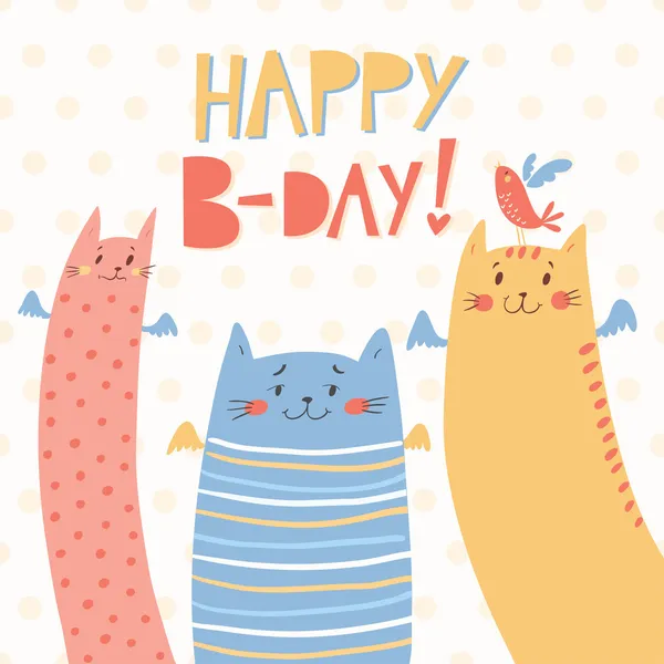 С днем рождения векторная карта с 3 смешными кошками Стоковая Иллюстрация