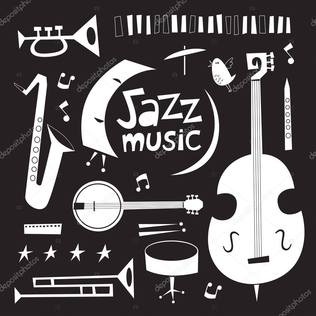 Musical instruments vintage vector set in black and white