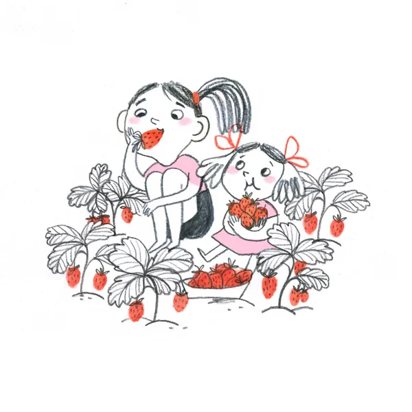 Two Sisters Garden Happy Girls Eating Strawberry — Stock Photo, Image