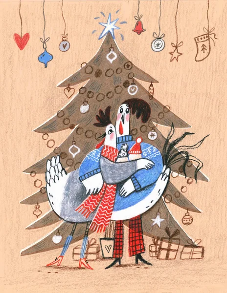 圣诞贺卡 在圣诞树旁夹着两只小鸡 新年快乐卡 — 图库照片#