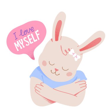 Doğrulanan çocuk beni seviyor. Ruh sağlığı hayvan karakteri çocuk çizimi konsepti.