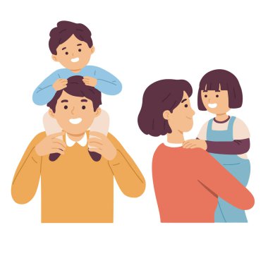 Anne, baba, oğul, kız, ebeveyn, mutlu aile, klipart vektör illüstrasyonu.