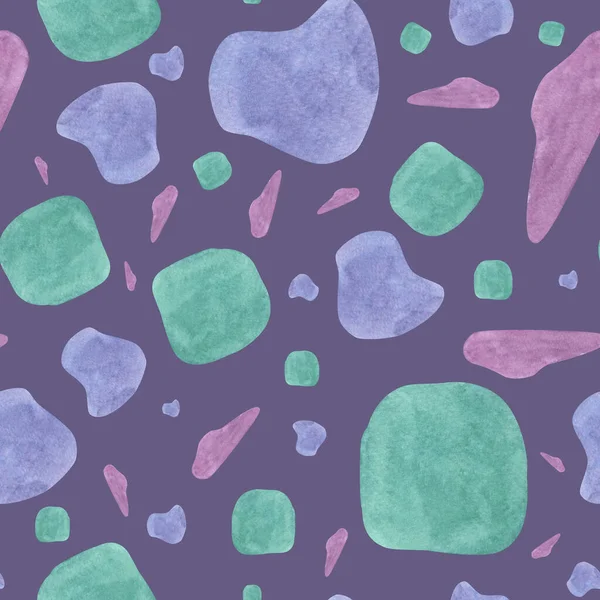 Акварельні Геометричні Плями Стилі Тераццо Безшовний Візерунок Фіолетовому Тлі Тканин — стокове фото