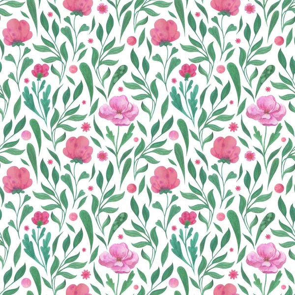 Ροζ Λουλούδια Πράσινα Φύλλα Υδατογραφία Αδιάλειπτη Μοτίβο Λευκό Φόντο Κατάλληλο — Φωτογραφία Αρχείου