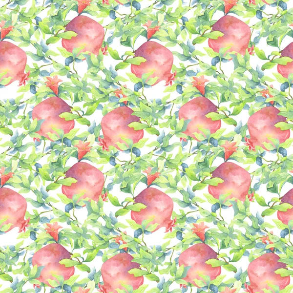 Granatäpplen Bland Gröna Blad Och Röda Blommor Akvarell Sömlös Mönster — Stockfoto