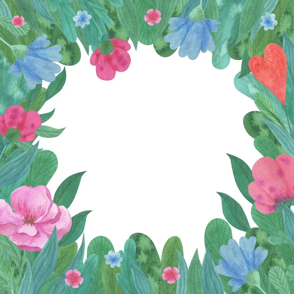 Rámeček Květinami Růžové Modré Květy Hranice Zeleninou Ilustrace Pohlednice Obálky — Stock fotografie