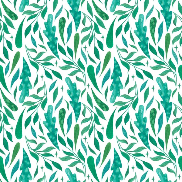 Green Branches Leaves Stars Watercolor Plants White Background Seamless Pattern — Stock Photo, Image