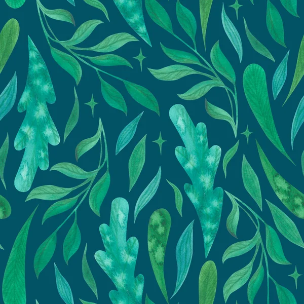 Green Leaves Branches Stars Watercolor Plants Seamless Pattern Blue Background — Stock Photo, Image