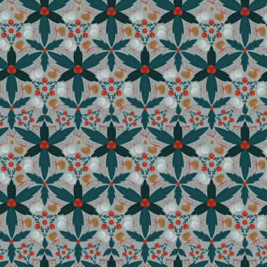 Bitkilerin, çanların ve topların olduğu Noel deseni. Kırmızı-yeşil renkli bir resim. Tekstil, kartpostal, ambalaj kağıdı basmak için uygun.