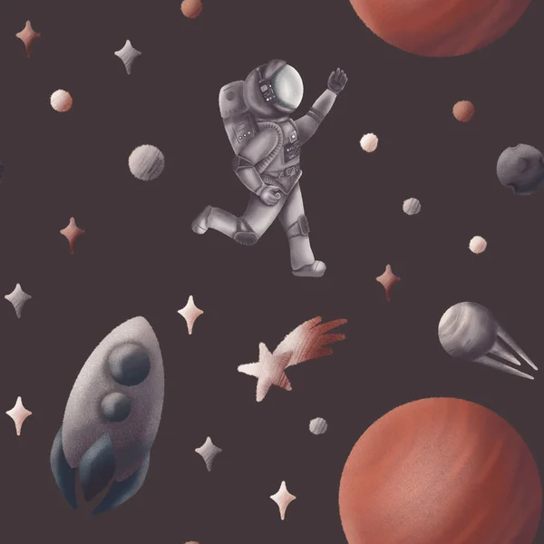 Travel Endless Space Astronaut Spaceship Planets Seamless Pattern Childish Illustration — Stock Photo, Image