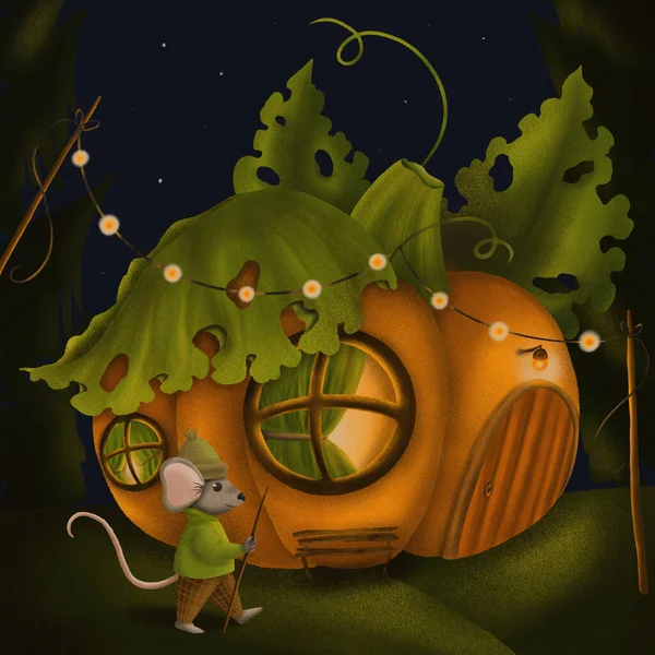 Mouse traveler and pumpkin house. Cozy digital illustration. Drawing for printing postcards, prints, book decoration.