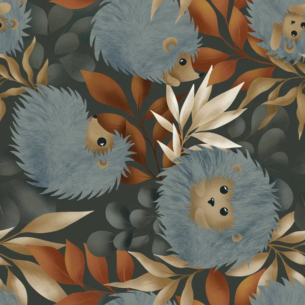 Cute Hedgehogs Autumn Leaves Seamless Pattern Gray Green Background Funny — Stockfoto
