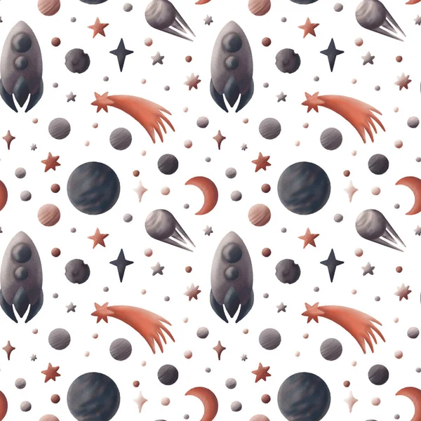 Spaceship Stars Planets Satellites Travel Endless Space Seamless Pattern White — 图库照片