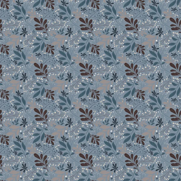 Koude Print Met Droge Winterplanten Naadloos Botanisch Patroon Een Blauwe — Stockfoto