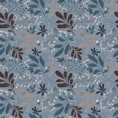 Dry winter plants and flowers. Botanical illustration in cool colors. Seamless floral pattern on a blue background. Drawing for fabrics, covers, decor.