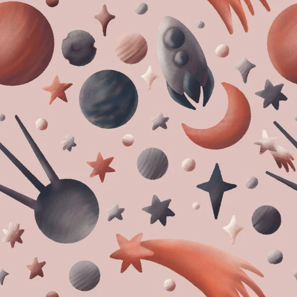 Spaceship Satellites Stars Planets Space Trip Seamless Pattern Beige Background — Stockfoto