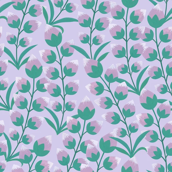 Stylized Delicate Buds Branch Lilac Romantic Flowers Watercolor Seamless Pattern — Stock Photo, Image