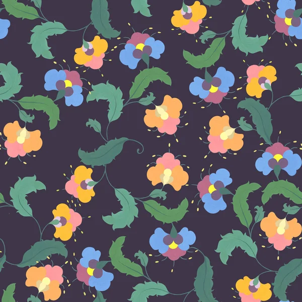 俄罗斯绘画风格的水彩花 相互交织的花卉装饰 黄色和蓝色的花和绿色的叶子 织物和装饰用紫色背景无缝图案 — 图库照片