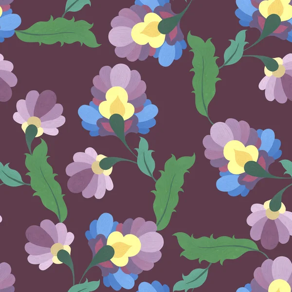 俄罗斯绘画风格的水彩花 相互交织的花卉装饰 紫色和蓝色的花和绿色的叶子 织物和装饰用勃艮第背景无缝图案 — 图库照片