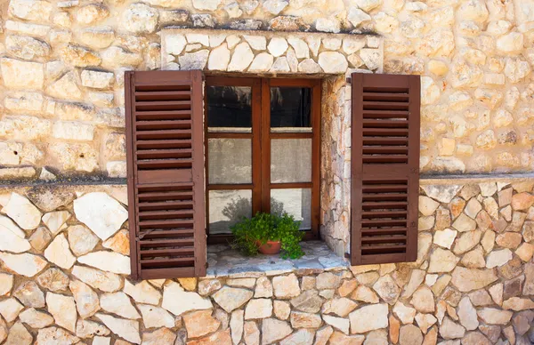 Oude sluiter windows met een pot met bloemen. Mallorca. mediterrane — Stockfoto